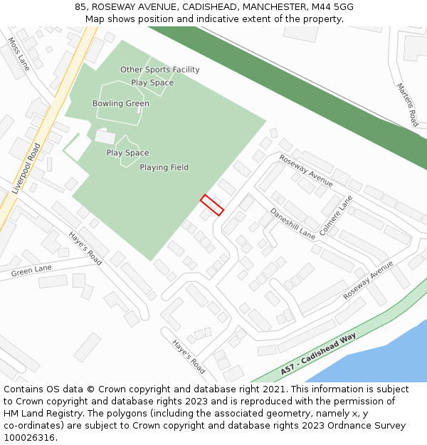 85, ROSEWAY AVENUE, CADISHEAD, MANCHESTER, M44 5GG: Location map and indicative extent of plot