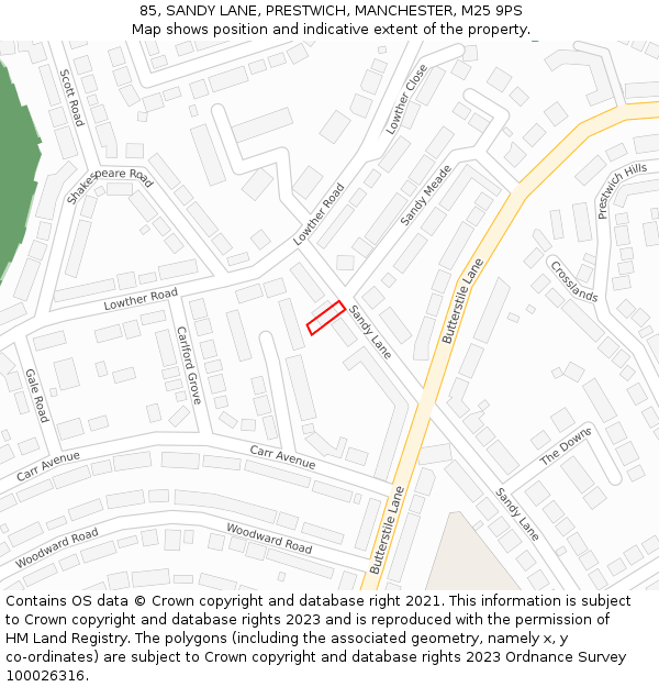 85, SANDY LANE, PRESTWICH, MANCHESTER, M25 9PS: Location map and indicative extent of plot