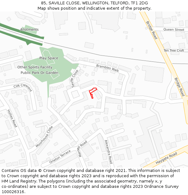 85, SAVILLE CLOSE, WELLINGTON, TELFORD, TF1 2DG: Location map and indicative extent of plot