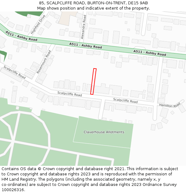 85, SCALPCLIFFE ROAD, BURTON-ON-TRENT, DE15 9AB: Location map and indicative extent of plot