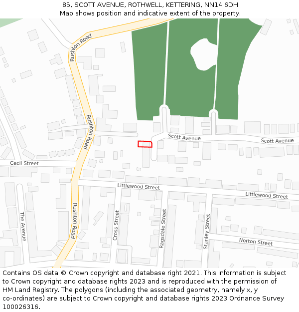 85, SCOTT AVENUE, ROTHWELL, KETTERING, NN14 6DH: Location map and indicative extent of plot