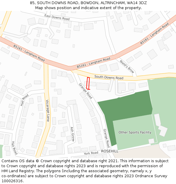 85, SOUTH DOWNS ROAD, BOWDON, ALTRINCHAM, WA14 3DZ: Location map and indicative extent of plot