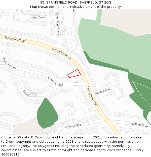 85, SPRINGFIELD ROAD, SHEFFIELD, S7 2GG: Location map and indicative extent of plot