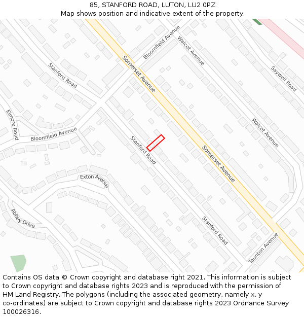 85, STANFORD ROAD, LUTON, LU2 0PZ: Location map and indicative extent of plot