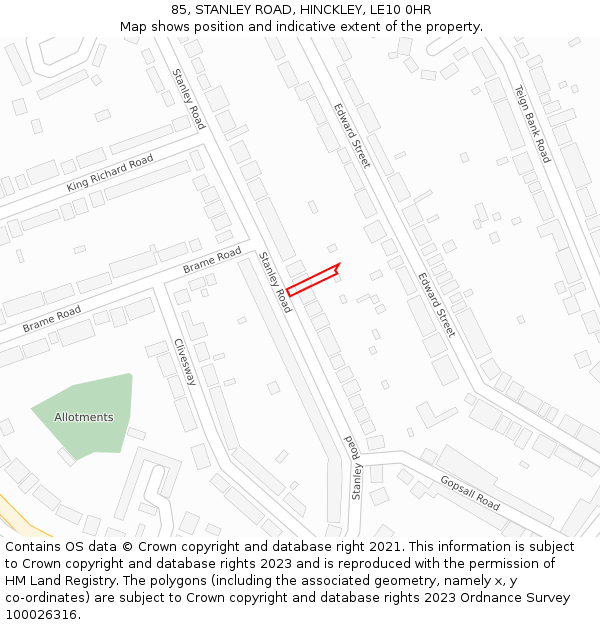 85, STANLEY ROAD, HINCKLEY, LE10 0HR: Location map and indicative extent of plot