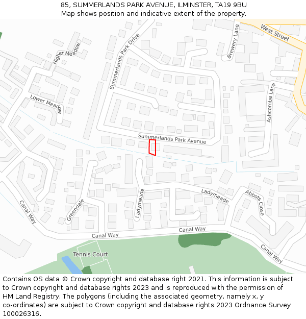 85, SUMMERLANDS PARK AVENUE, ILMINSTER, TA19 9BU: Location map and indicative extent of plot