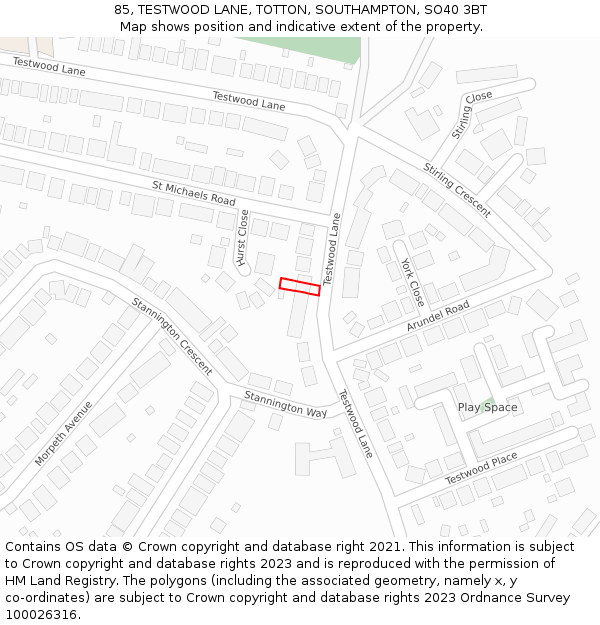 85, TESTWOOD LANE, TOTTON, SOUTHAMPTON, SO40 3BT: Location map and indicative extent of plot