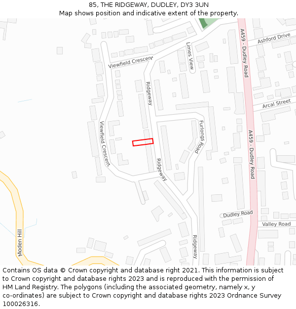 85, THE RIDGEWAY, DUDLEY, DY3 3UN: Location map and indicative extent of plot