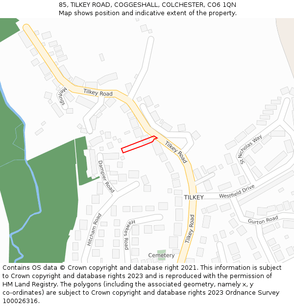 85, TILKEY ROAD, COGGESHALL, COLCHESTER, CO6 1QN: Location map and indicative extent of plot