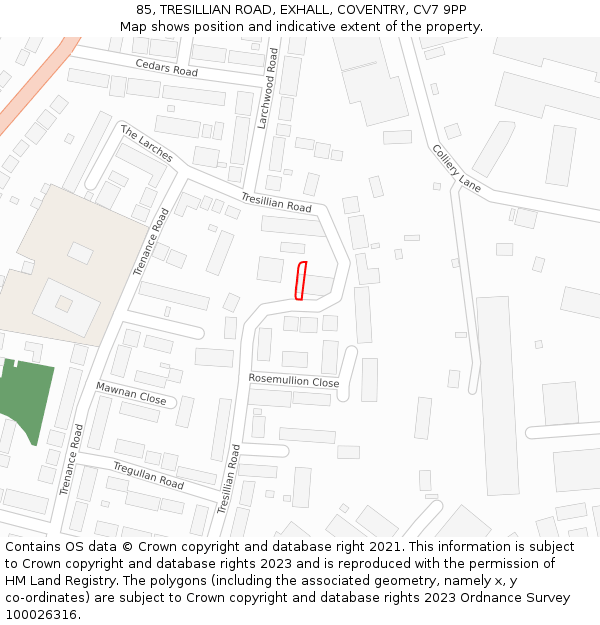 85, TRESILLIAN ROAD, EXHALL, COVENTRY, CV7 9PP: Location map and indicative extent of plot