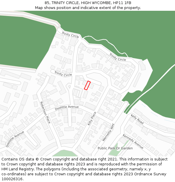 85, TRINITY CIRCLE, HIGH WYCOMBE, HP11 1FB: Location map and indicative extent of plot