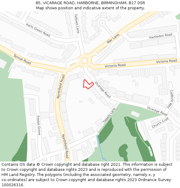 85, VICARAGE ROAD, HARBORNE, BIRMINGHAM, B17 0SR: Location map and indicative extent of plot