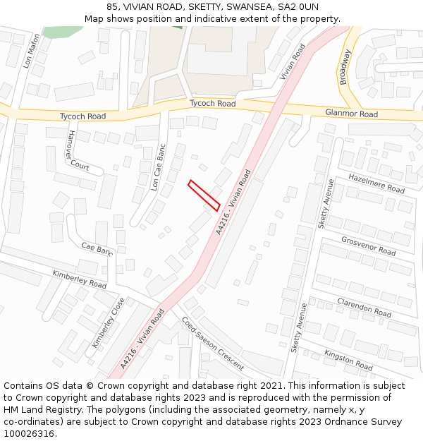 85, VIVIAN ROAD, SKETTY, SWANSEA, SA2 0UN: Location map and indicative extent of plot