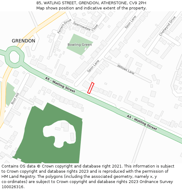 85, WATLING STREET, GRENDON, ATHERSTONE, CV9 2PH: Location map and indicative extent of plot