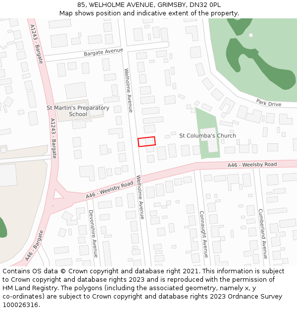 85, WELHOLME AVENUE, GRIMSBY, DN32 0PL: Location map and indicative extent of plot