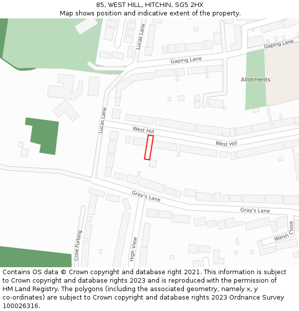 85, WEST HILL, HITCHIN, SG5 2HX: Location map and indicative extent of plot