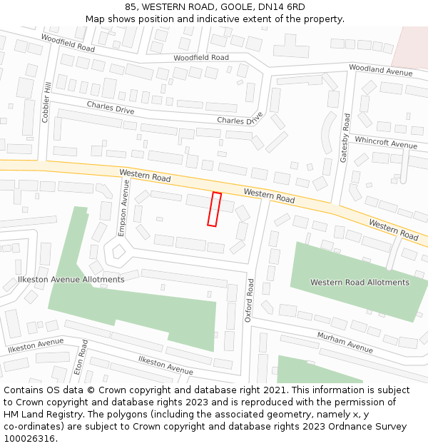 85, WESTERN ROAD, GOOLE, DN14 6RD: Location map and indicative extent of plot