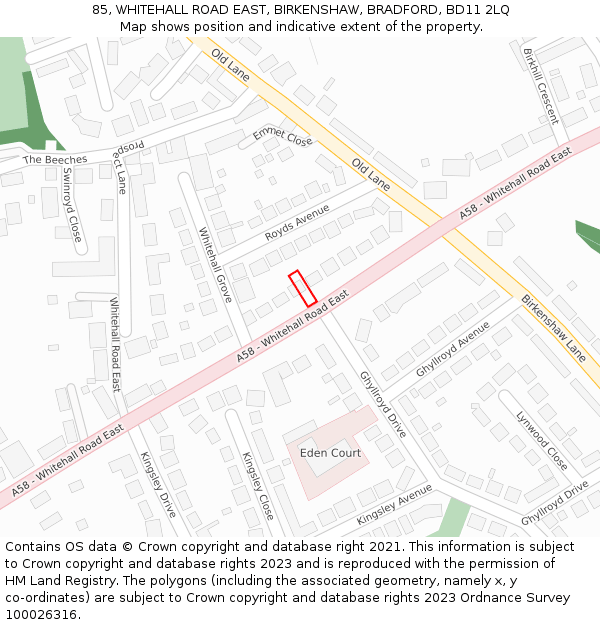 85, WHITEHALL ROAD EAST, BIRKENSHAW, BRADFORD, BD11 2LQ: Location map and indicative extent of plot