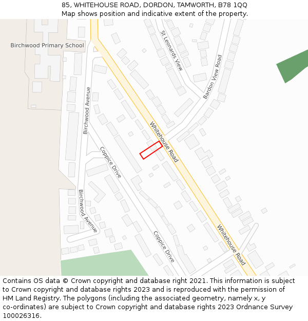 85, WHITEHOUSE ROAD, DORDON, TAMWORTH, B78 1QQ: Location map and indicative extent of plot