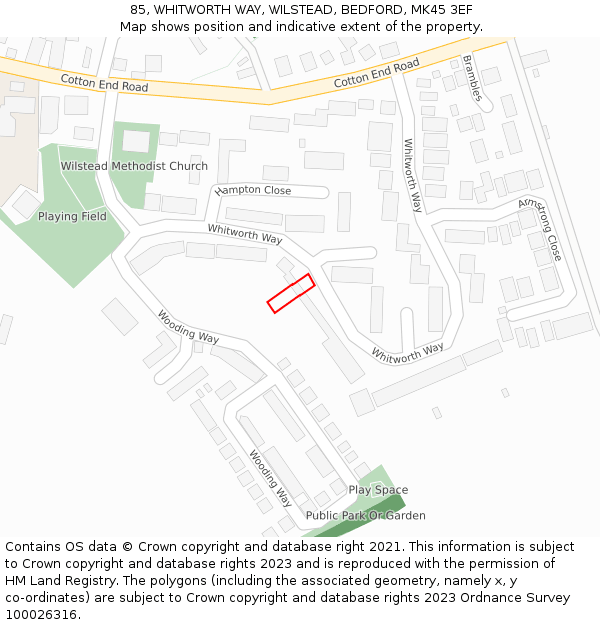 85, WHITWORTH WAY, WILSTEAD, BEDFORD, MK45 3EF: Location map and indicative extent of plot