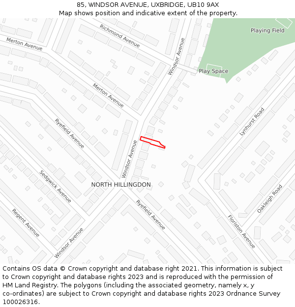 85, WINDSOR AVENUE, UXBRIDGE, UB10 9AX: Location map and indicative extent of plot