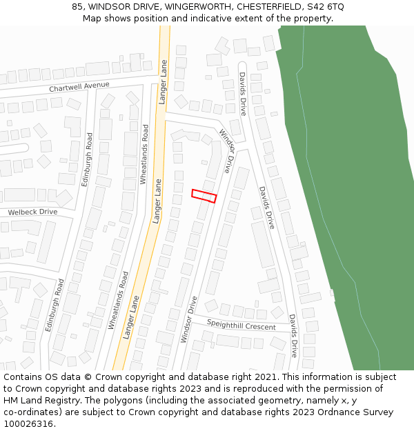 85, WINDSOR DRIVE, WINGERWORTH, CHESTERFIELD, S42 6TQ: Location map and indicative extent of plot