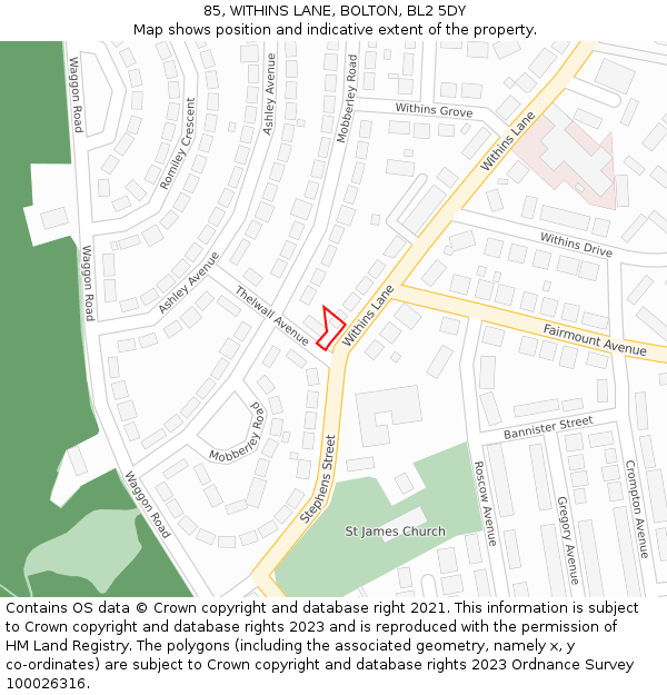 85, WITHINS LANE, BOLTON, BL2 5DY: Location map and indicative extent of plot