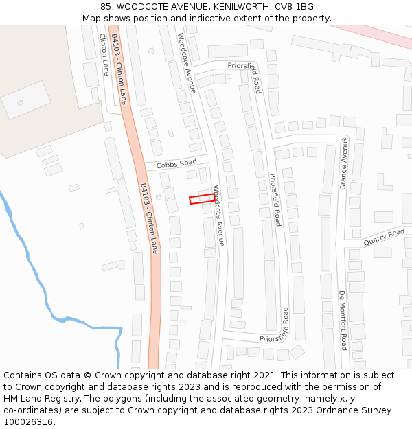 85, WOODCOTE AVENUE, KENILWORTH, CV8 1BG: Location map and indicative extent of plot