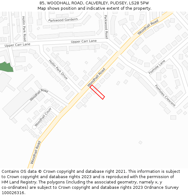 85, WOODHALL ROAD, CALVERLEY, PUDSEY, LS28 5PW: Location map and indicative extent of plot