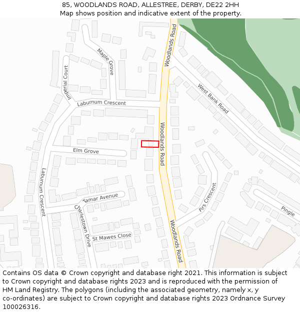 85, WOODLANDS ROAD, ALLESTREE, DERBY, DE22 2HH: Location map and indicative extent of plot