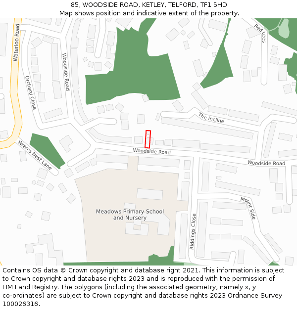 85, WOODSIDE ROAD, KETLEY, TELFORD, TF1 5HD: Location map and indicative extent of plot