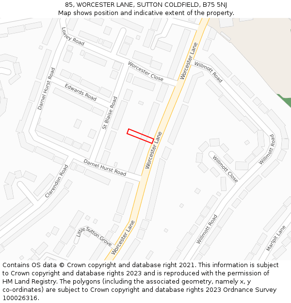 85, WORCESTER LANE, SUTTON COLDFIELD, B75 5NJ: Location map and indicative extent of plot