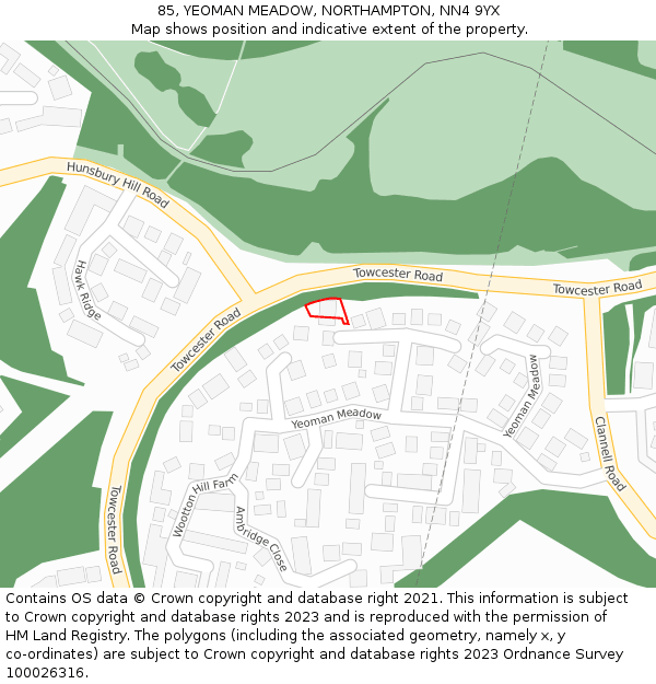 85, YEOMAN MEADOW, NORTHAMPTON, NN4 9YX: Location map and indicative extent of plot