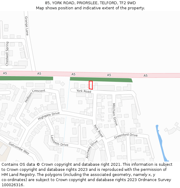 85, YORK ROAD, PRIORSLEE, TELFORD, TF2 9WD: Location map and indicative extent of plot