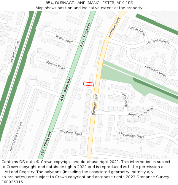 854, BURNAGE LANE, MANCHESTER, M19 1RS: Location map and indicative extent of plot