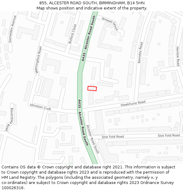 855, ALCESTER ROAD SOUTH, BIRMINGHAM, B14 5HN: Location map and indicative extent of plot