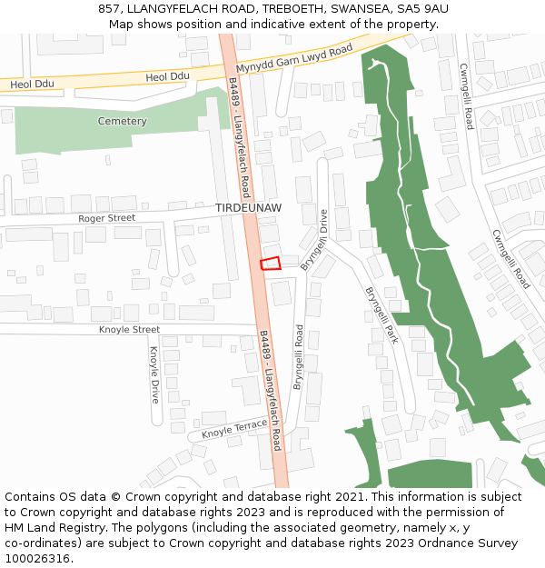 857, LLANGYFELACH ROAD, TREBOETH, SWANSEA, SA5 9AU: Location map and indicative extent of plot