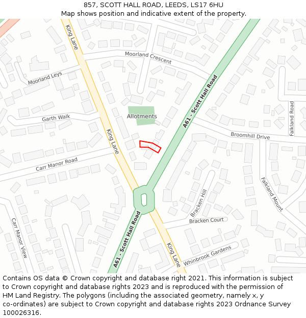 857, SCOTT HALL ROAD, LEEDS, LS17 6HU: Location map and indicative extent of plot