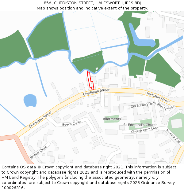 85A, CHEDISTON STREET, HALESWORTH, IP19 8BJ: Location map and indicative extent of plot