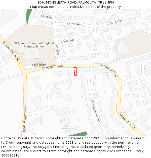 85A, MONGLEATH ROAD, FALMOUTH, TR11 4PN: Location map and indicative extent of plot