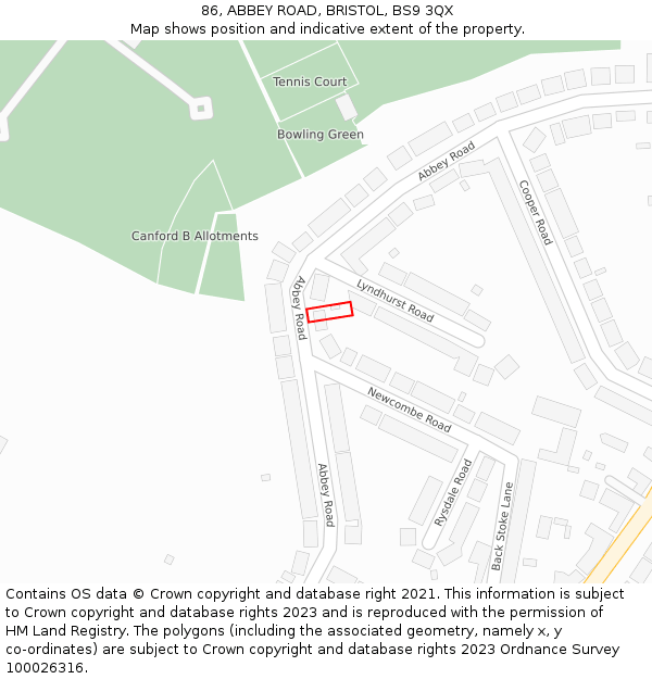 86, ABBEY ROAD, BRISTOL, BS9 3QX: Location map and indicative extent of plot