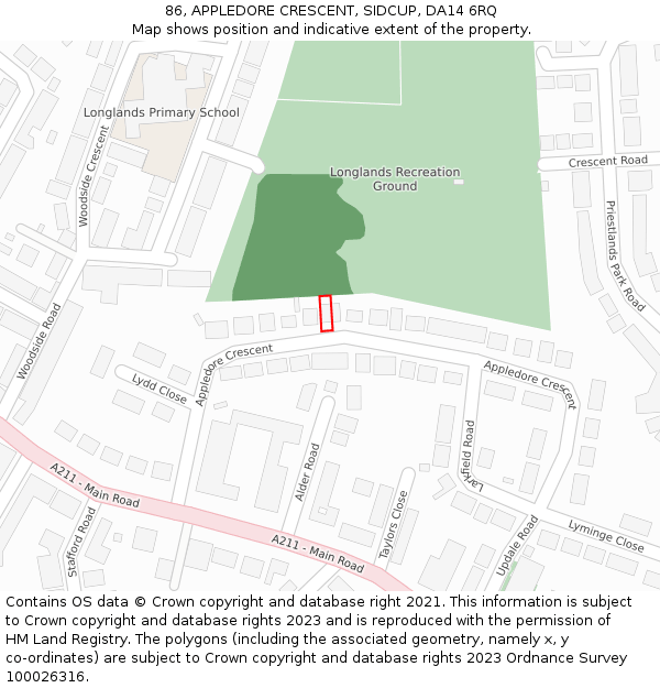 86, APPLEDORE CRESCENT, SIDCUP, DA14 6RQ: Location map and indicative extent of plot