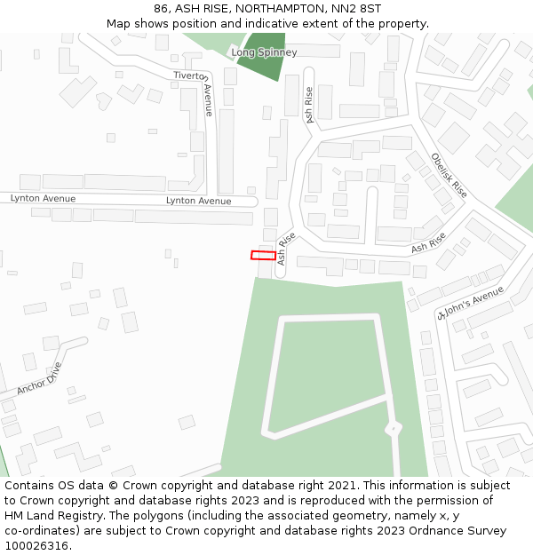 86, ASH RISE, NORTHAMPTON, NN2 8ST: Location map and indicative extent of plot