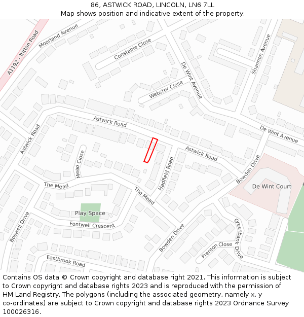 86, ASTWICK ROAD, LINCOLN, LN6 7LL: Location map and indicative extent of plot