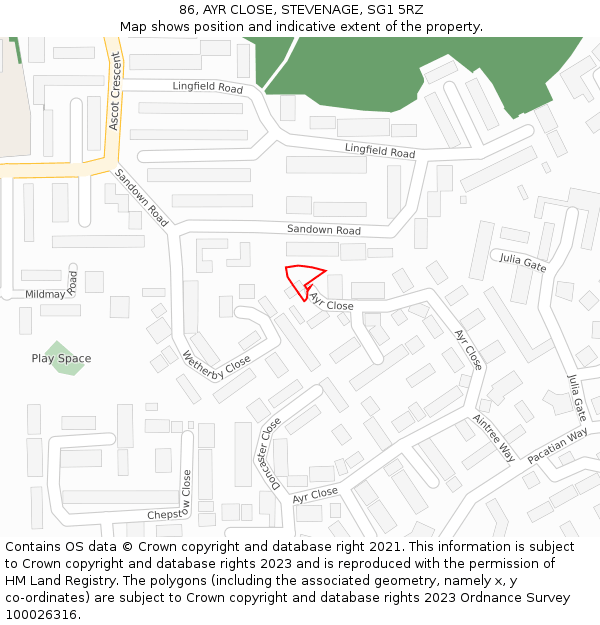 86, AYR CLOSE, STEVENAGE, SG1 5RZ: Location map and indicative extent of plot