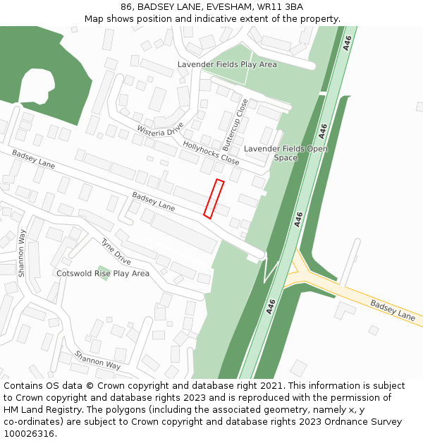 86, BADSEY LANE, EVESHAM, WR11 3BA: Location map and indicative extent of plot