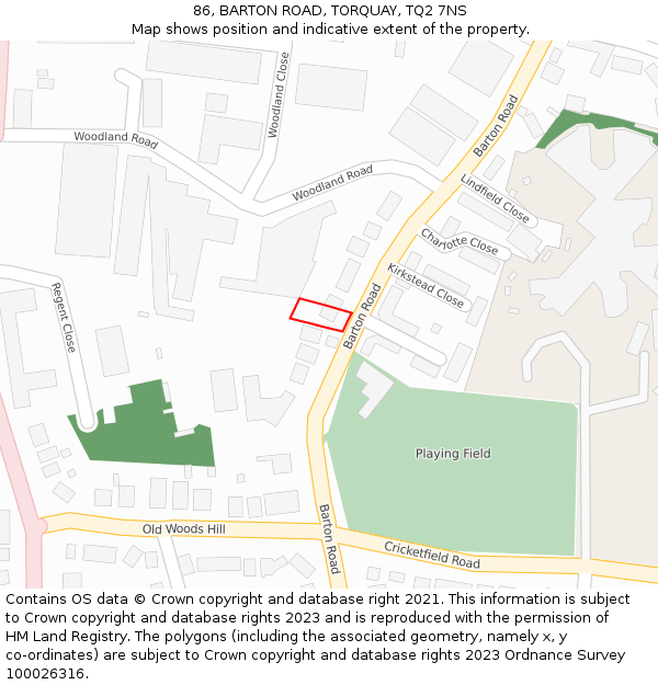 86, BARTON ROAD, TORQUAY, TQ2 7NS: Location map and indicative extent of plot