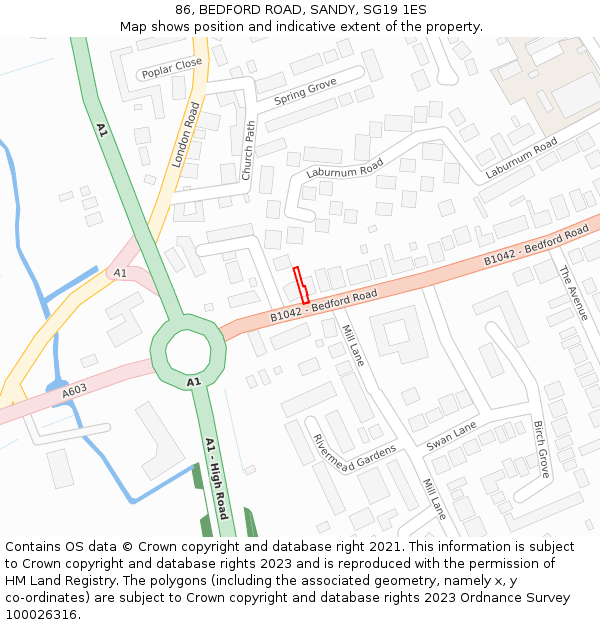 86, BEDFORD ROAD, SANDY, SG19 1ES: Location map and indicative extent of plot