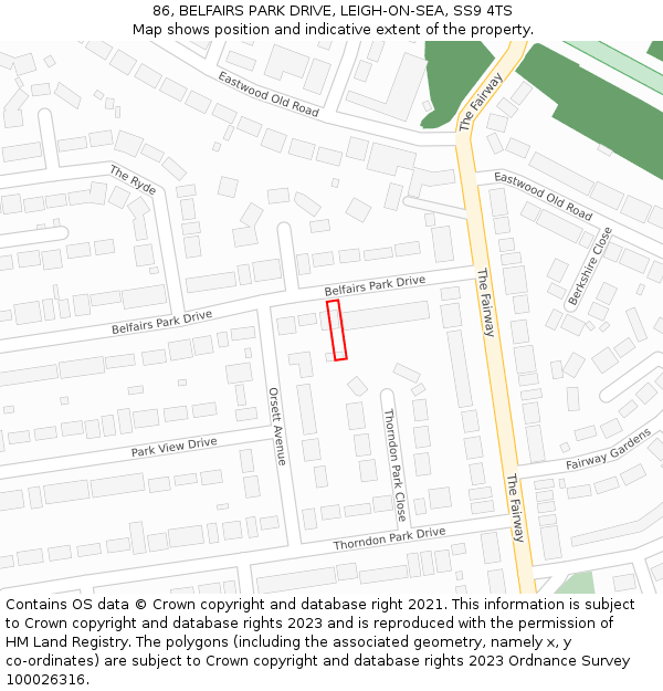 86, BELFAIRS PARK DRIVE, LEIGH-ON-SEA, SS9 4TS: Location map and indicative extent of plot