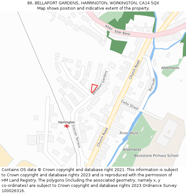 86, BELLAPORT GARDENS, HARRINGTON, WORKINGTON, CA14 5QX: Location map and indicative extent of plot